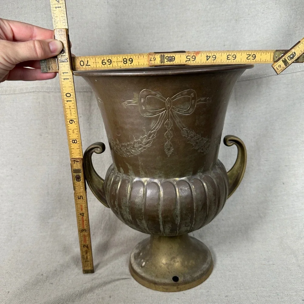 Vintage Brass Bow and Garland Urn Vase Footed Planter with Handles Patina‎